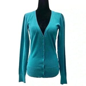 Ricki’s Cardigan V Neck Button Front Sweater Fitted Teal Green Small